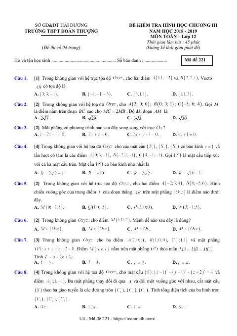 Đề kiểm tra Hình học 12 chương 3 năm 2018 – 2019 trường Đoàn Thượng – Hải Dương (bản Word)